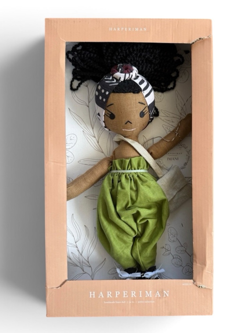 Harperiman Imani Handmade Fabric Doll in Olive Green Outfit, khaki tote bag